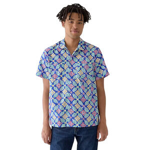 NWT J. Crew Blue Floral Short-Sleeve Slub Cotton Camp-Collar Shirt - SIZE M